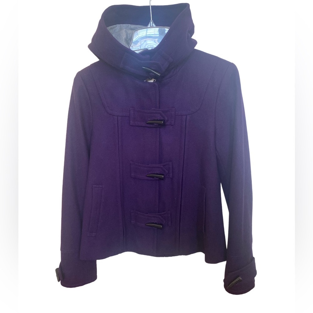 GUESS Los Angeles Pea Coat Hood Purple Horn Closures Zipper Wool Blend Small